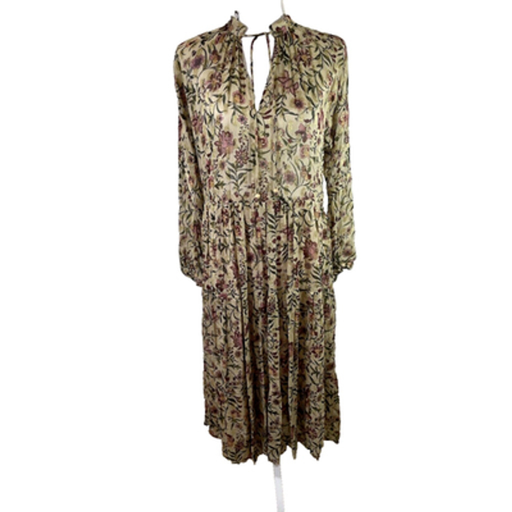 ZARA Beige Long Sleeve Floral Print Semi Sheer Midi Dress 8779/329 Sz S